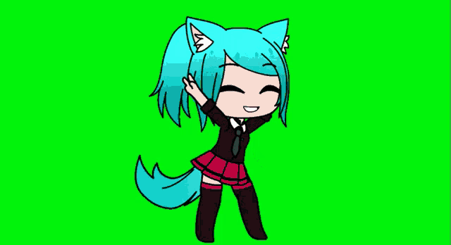 a cartoon girl with blue hair and cat ears is standing on a green screen