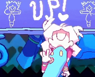 a pixel art drawing of a girl holding a blue object .