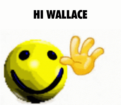 a yellow smiley face with a hand waving in front of it and the words hi wallace .