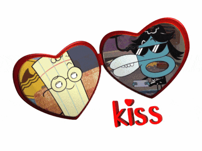 two hearts with cartoon characters and the word kiss