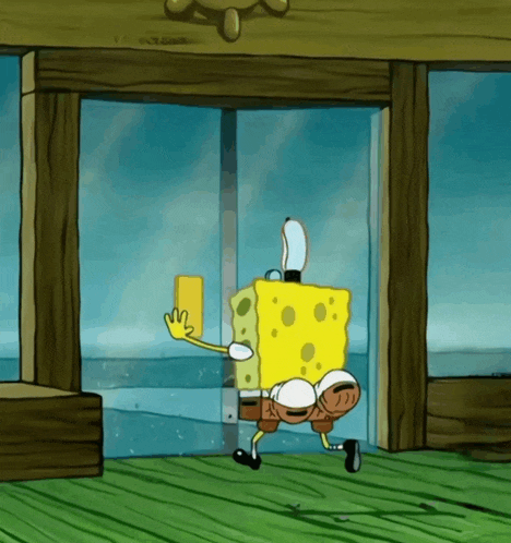 a cartoon character named spongebob is standing in front of a glass door