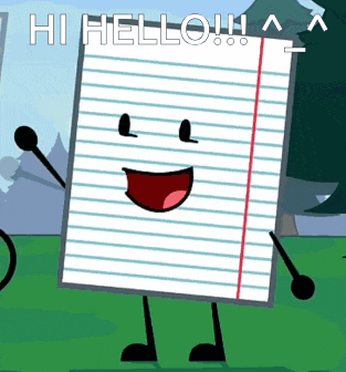 a cartoon drawing of a notepad with the words hi hello written on it