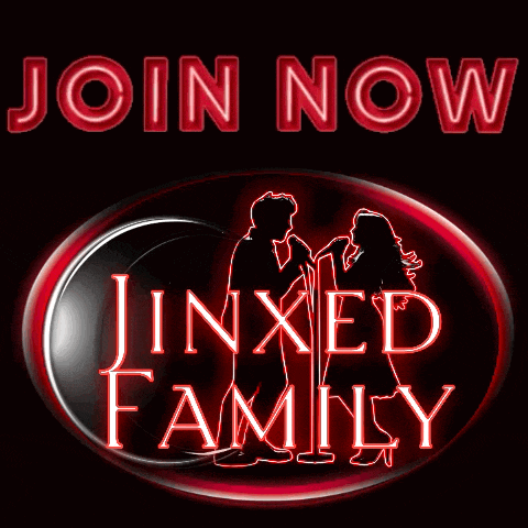 a sign for the jinxed family shows a man and woman singing into microphones