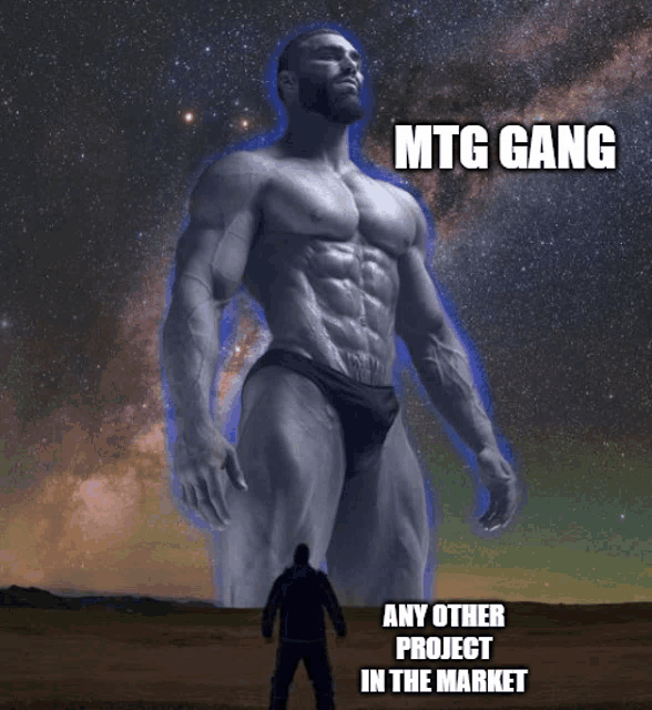 a man is standing in front of a giant muscular man with the words mtg gang any other project in the market