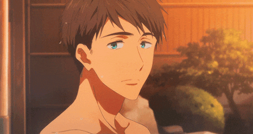 a shirtless anime character with blue eyes looks at something