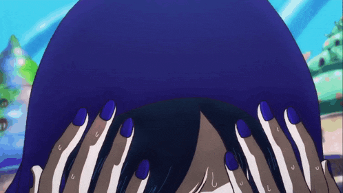 a person with blue nail polish covering their face with their hands