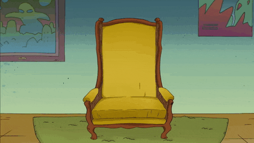a cartoon character is standing on a chair