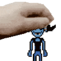 a hand is holding a pixel art character on top of a white background .