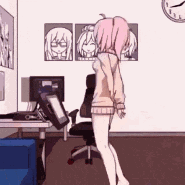 a girl with pink hair is standing in a room next to a chair and a clock .