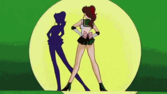 a cartoon of a woman standing in front of a yellow circle with her shadow .