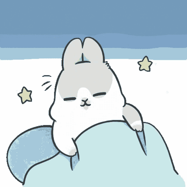 a cartoon of a rabbit laying under a blanket with stars behind it