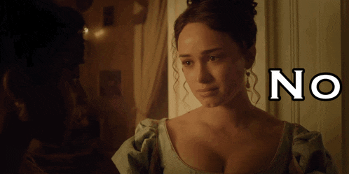 a woman in a blue dress with the word no written above her