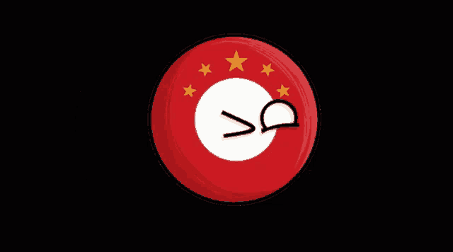 a red circle with a white circle in the center and yellow stars around it