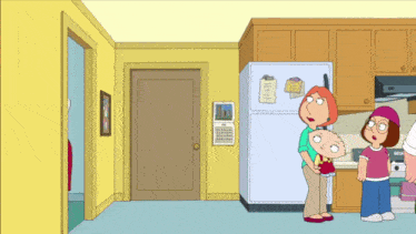 a cartoon family guy scene with a calendar on the refrigerator door