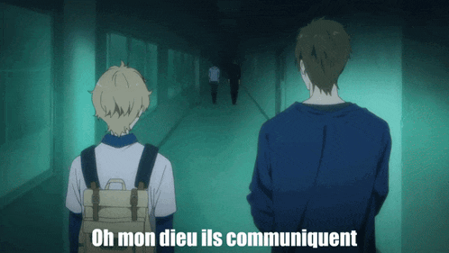 two anime characters are standing in a hallway with the words oh mon dieu ils communiquent