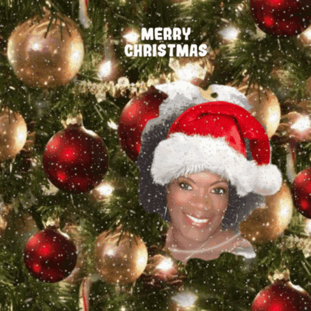 a picture of a woman wearing a santa hat with merry christmas written above her