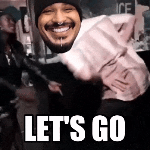 a picture of a man with the words let 's go written on it