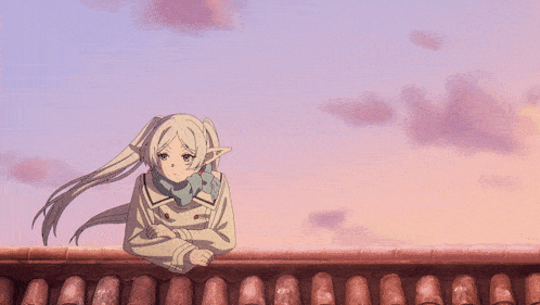 a girl with long white hair is standing on a rooftop