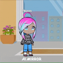 a cartoon girl with pink hair and blue eyes is standing in front of a mirror .