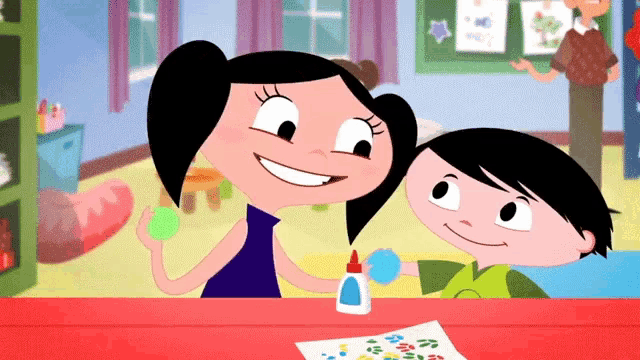 two cartoon characters are sitting at a table with glue