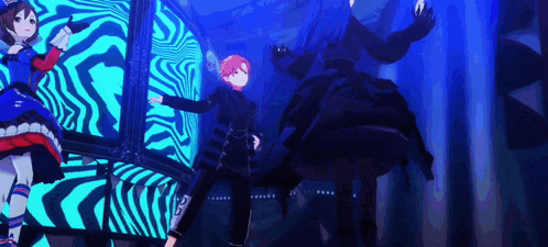 a group of anime characters are standing next to each other in a dark room with a blue light behind them .