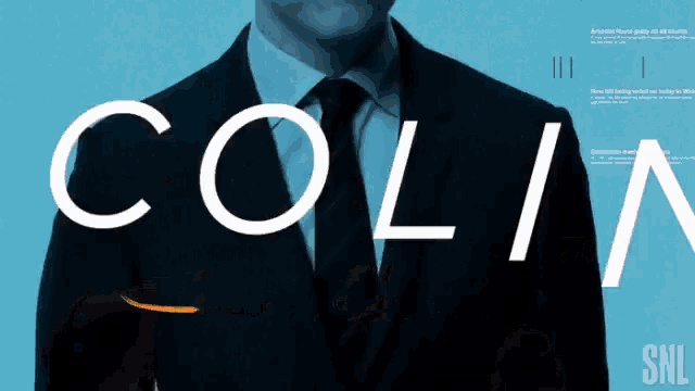 a man in a suit and tie is adjusting his tie with the word colin on the bottom