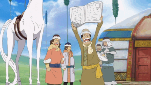 a group of people are standing in front of a white horse and a man is holding a newspaper