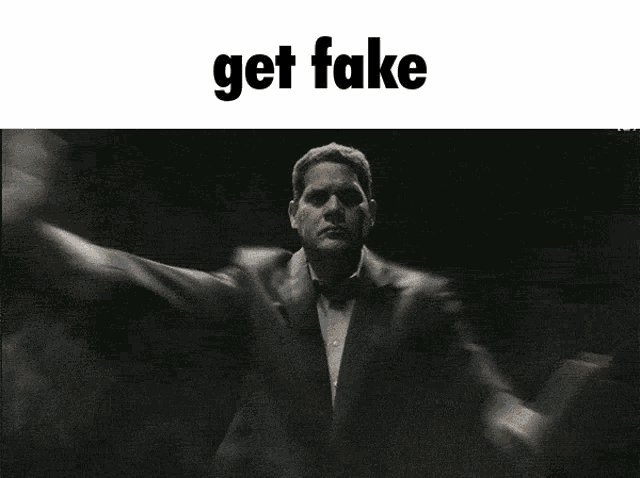 a man in a suit is being attacked by a group of people with the words get fake above him