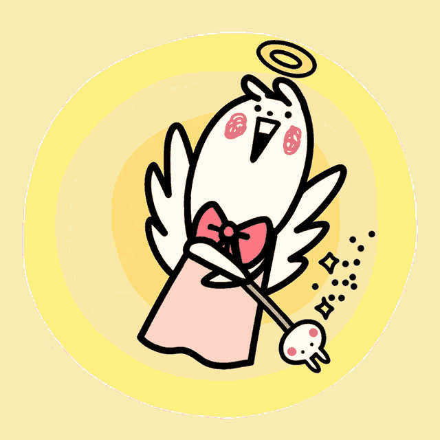 a cartoon drawing of a bunny angel with wings and a pink bow