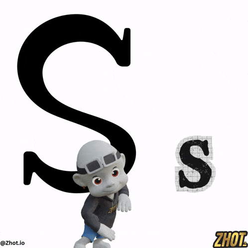 a cartoon character is standing next to a letter s