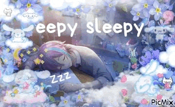 a person is sleeping in a bed with the words `` eepy sleepy '' written on the bottom .