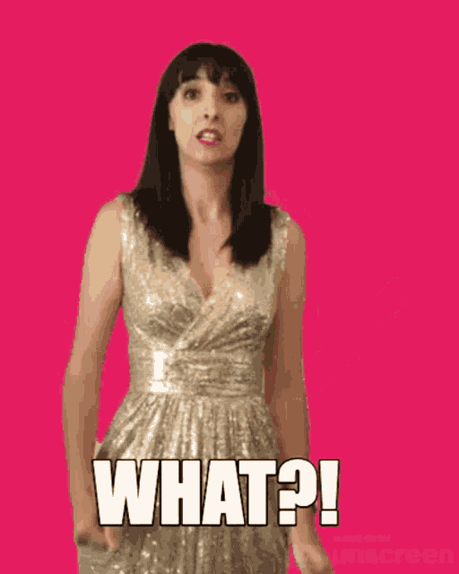 a woman in a gold dress is saying what