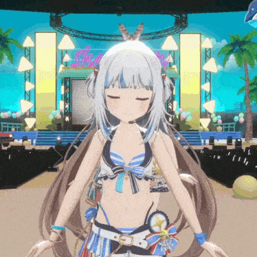 a girl in a bikini stands in front of a stage with a sign that says summer