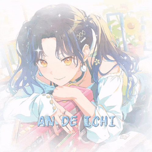 an anime girl holding a piece of paper with the name an de ichi written on it