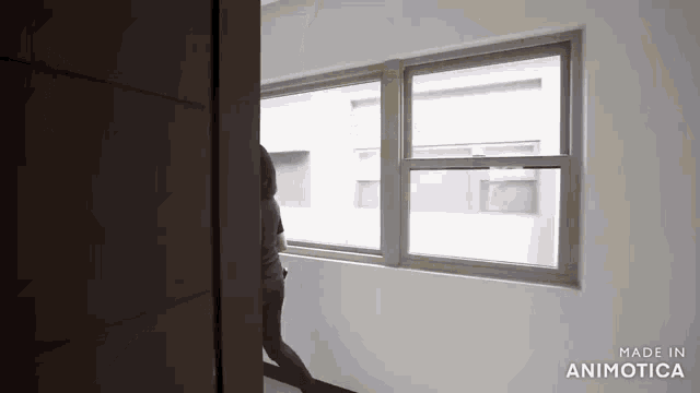 a person is standing in front of a large window .
