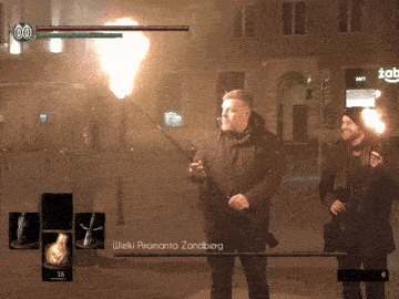 a video game screen shows two men holding torches in front of a store that says zab