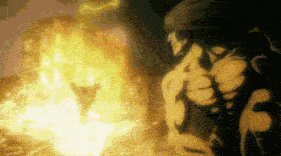 a cartoon of a man standing in front of a fireball .