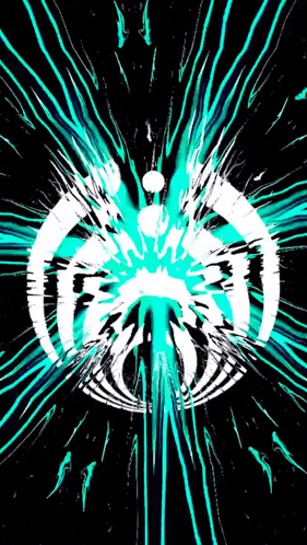 a black background with a white circle in the middle and blue lines coming out of it .