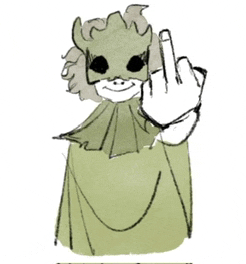 a drawing of a person wearing a green mask giving the middle finger