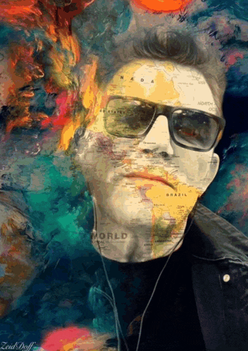 a painting of a man wearing sunglasses with a map of the world behind him
