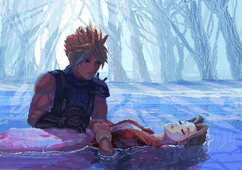 a pixel art drawing of a man and a woman laying in the water