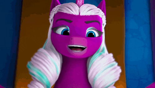 a close up of a purple pony with white hair and a unicorn horn .