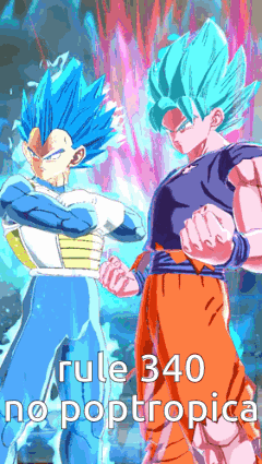 a cartoon of goku and vegeta with the words rule 340 no poptropica on the bottom