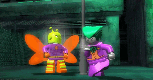 a lego joker and a lego bug are standing next to each other