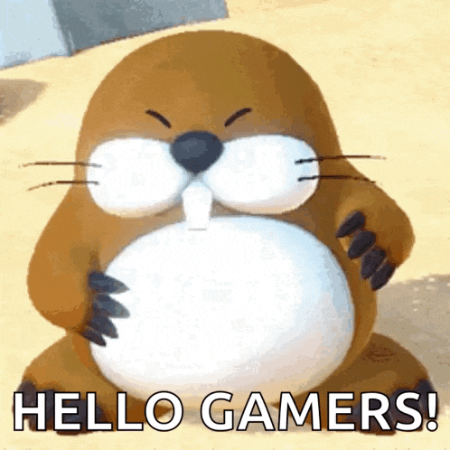 a cartoon mole is hugging a white ball and says hello gamers !