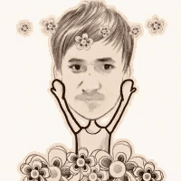 a black and white drawing of a man with flowers in his hair