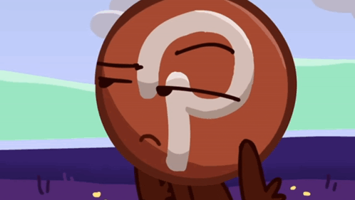 a cartoon drawing of a brown circle with a white letter p on it