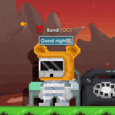 a video game character with a good night sign