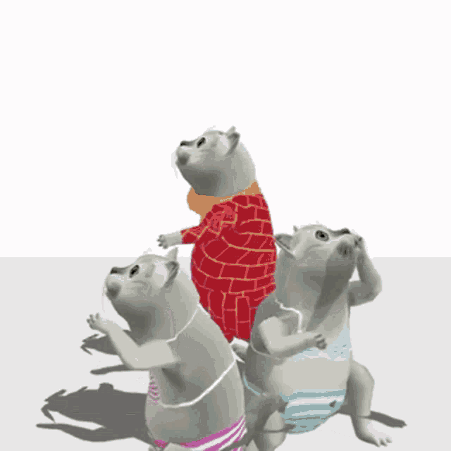 three cartoon cats are standing next to each other and one is wearing a red sweater