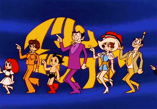a group of cartoon characters are dancing in front of a large yellow arrow